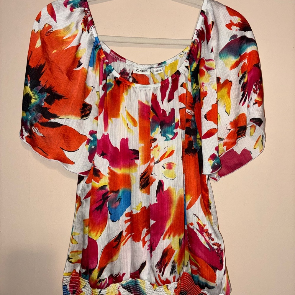 Cato Orange Red Graphic Short Sleeve Blouse